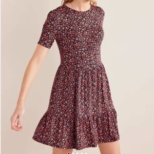 Boden Ruched Bust Jersey Mini Dress Pink Sherbet, Petal Foliage SZ 12 NWT IN PKG